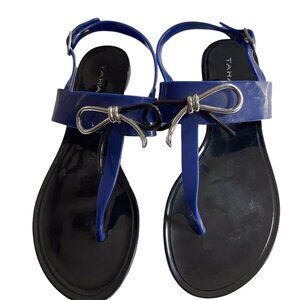 Tahari Womens Size 6 Blue & Black Jelly Sandals With Silver Bow Strap Detail